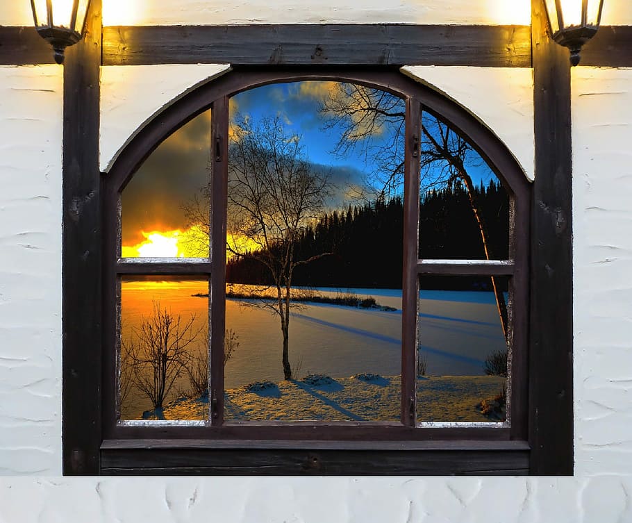 brown wooden window panel, Snow, Lights, Lighting, december HD wallpaper
