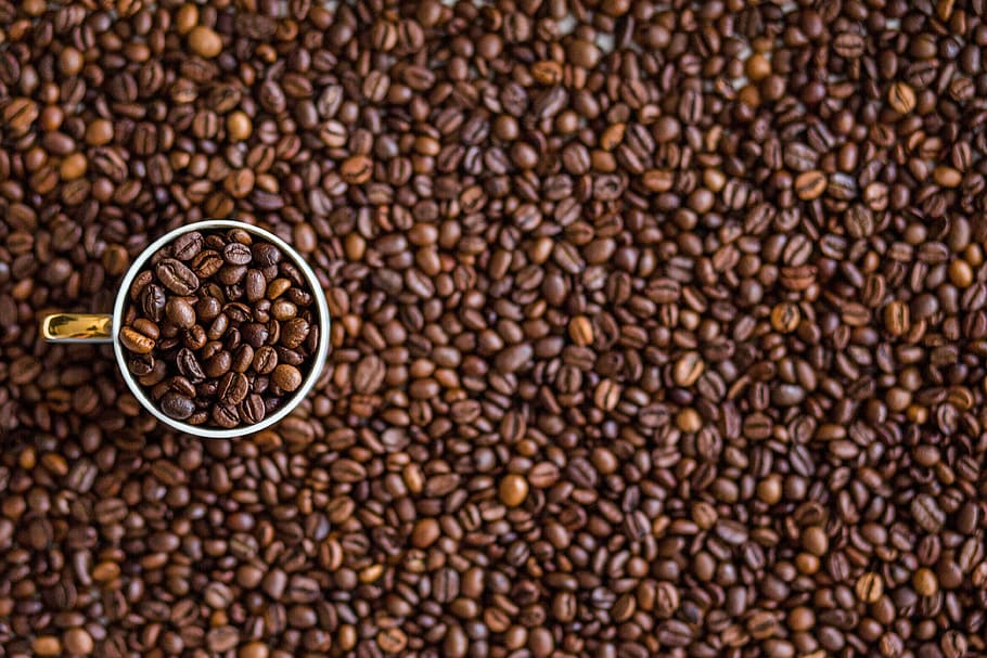 brown coffee beans on ceramic mugs photo, drink, caffeine, beverage, HD wallpaper