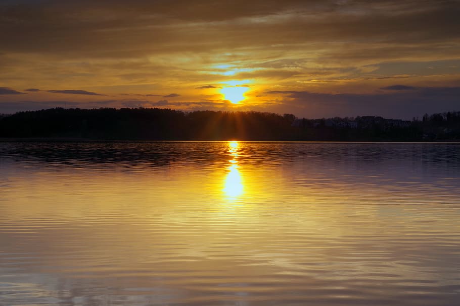 Sunset, Water, Lake, River, Sea, Pond, evening, glow, clouds HD wallpaper