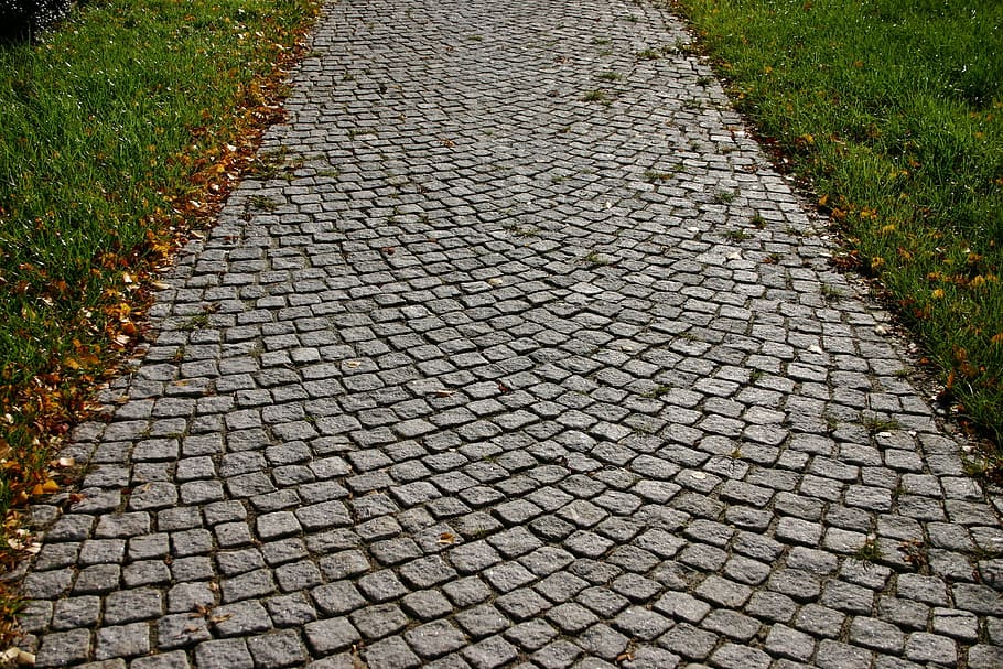 gray concrete street between grasses, Cobblestone, Away, Pattern HD wallpaper
