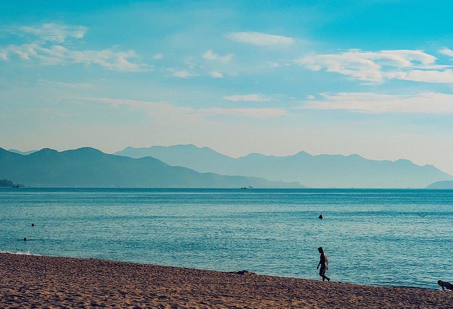 Scenic View Of Ocean, beach, clouds, idyllic, leisure, mountains HD wallpaper