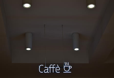 turned on caffe lights, white and gray ceiling lights, cafe, coffee HD wallpaper