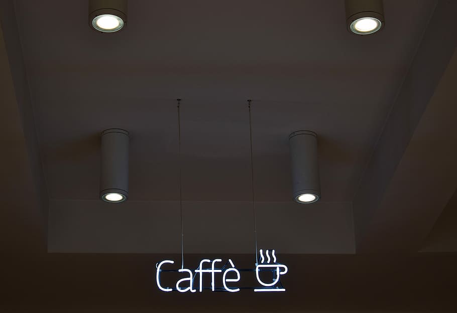 turned on caffe lights, white and gray ceiling lights, cafe, coffee, HD wallpaper