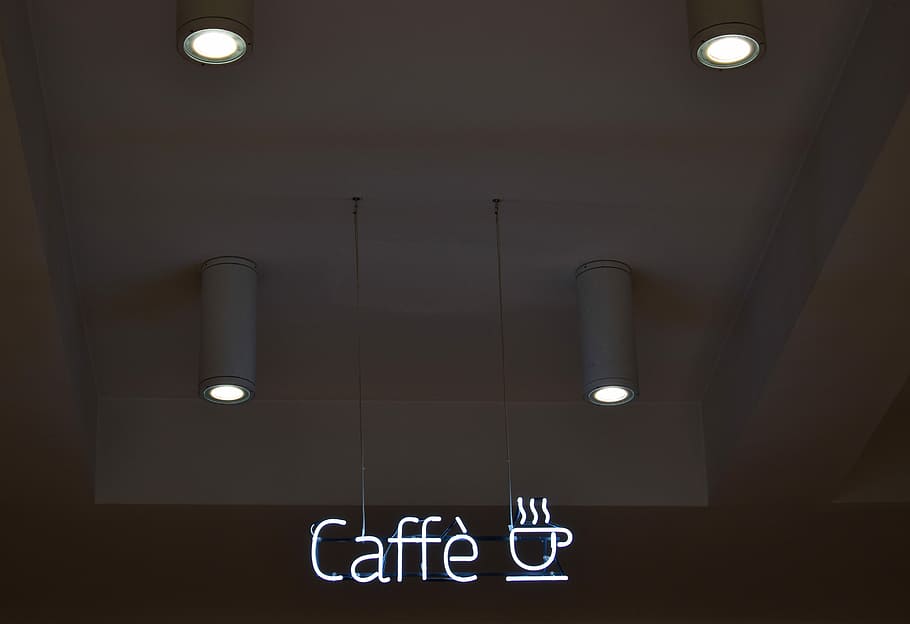 turned on caffe lights, white and gray ceiling lights, cafe, coffee HD wallpaper