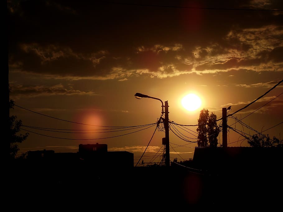 sunset, city, sky, silhouette, cloud - sky, cable, power line HD wallpaper
