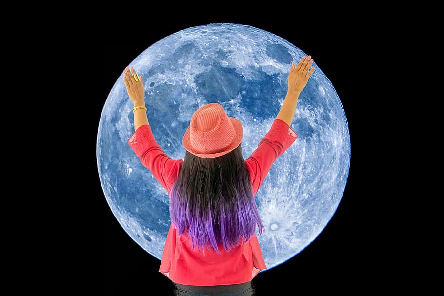 woman holding full moon art, space, abstract, universe, sky HD wallpaper