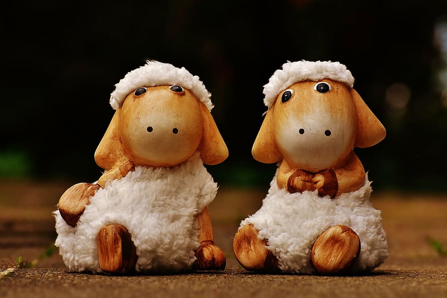 two sheep figurines, deco, ceramic, cute, figure, soft toy, wool, HD wallpaper