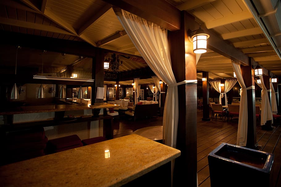 brown indoor restaurant, architecture, chair, dining, empty HD wallpaper