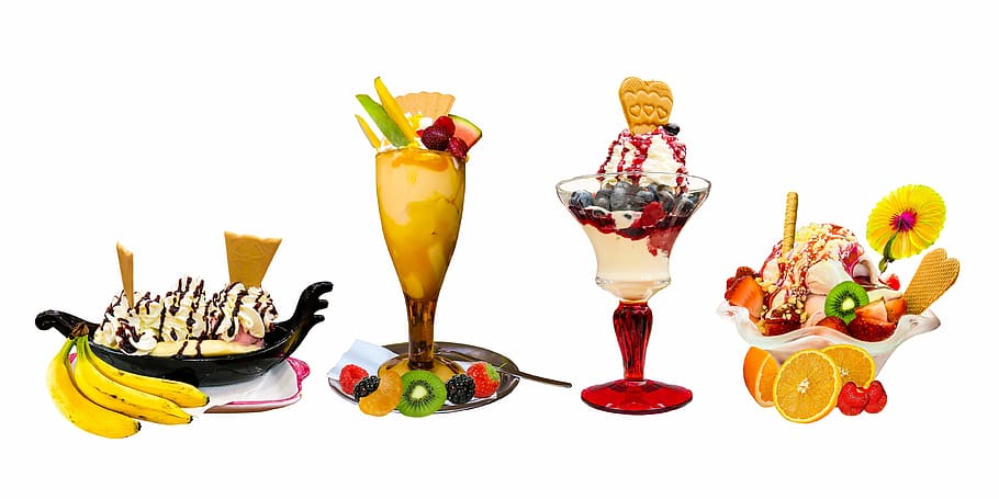 four pasties, eat, food, ice, ice cream sundae, background, fruit, HD wallpaper