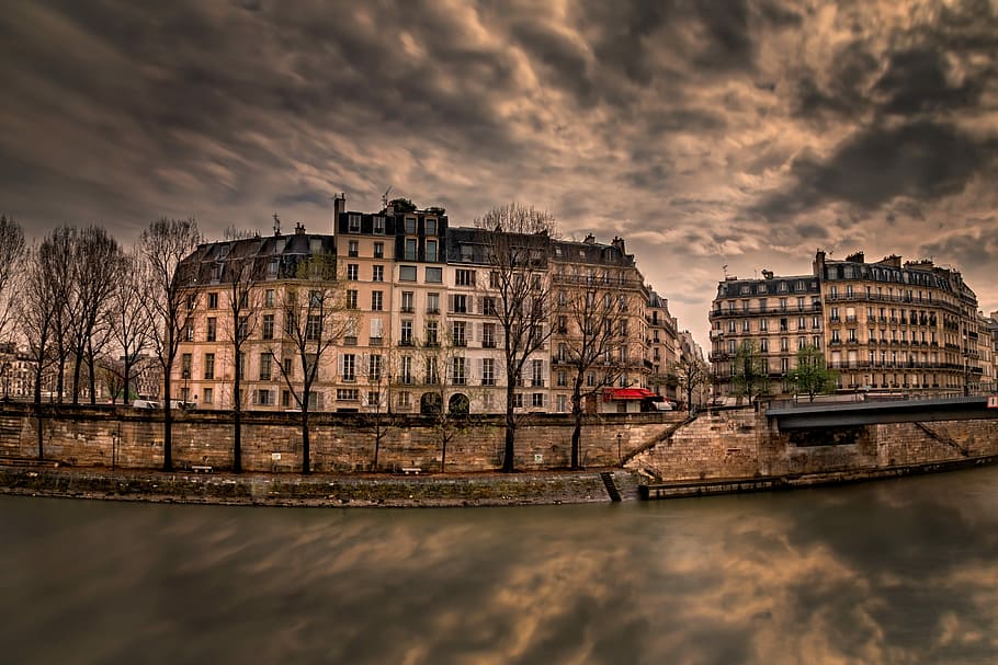 wide angle photo of brown building under cloudy sky, paris, perspective, HD wallpaper