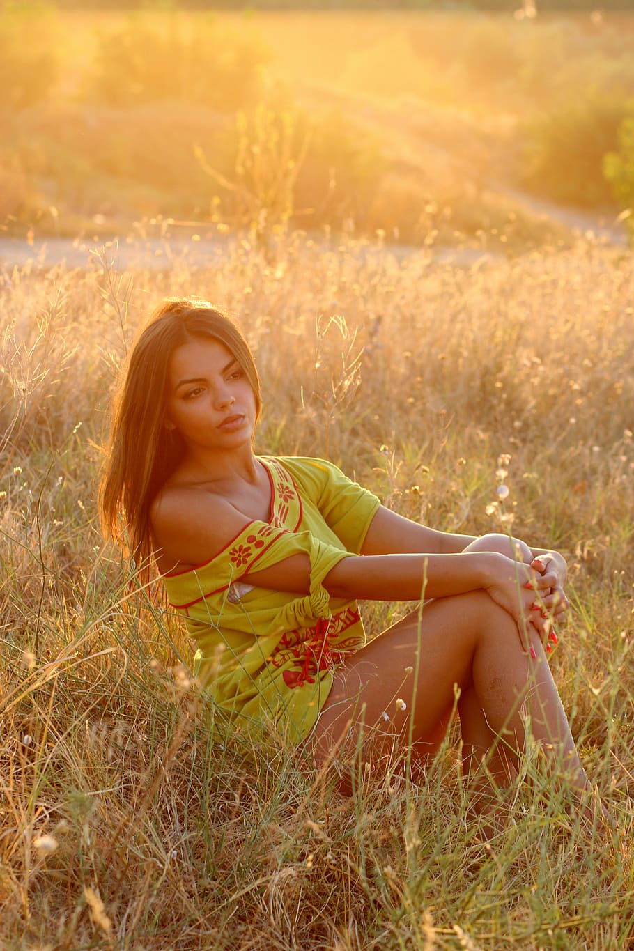 girl, grass, sunset, light, nature, in the evening, bfe, brown eyes, HD wallpaper