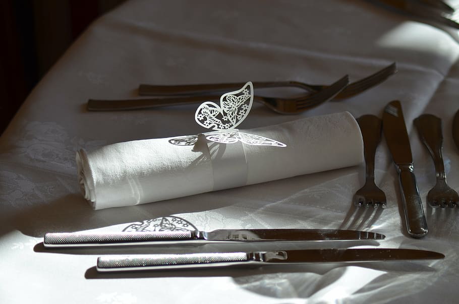 flatware set with tissue, table, table wedding, cutlery, event HD wallpaper
