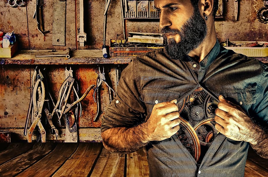 person opening jacket with mechanical gears, workshop, man, mechanics, HD wallpaper