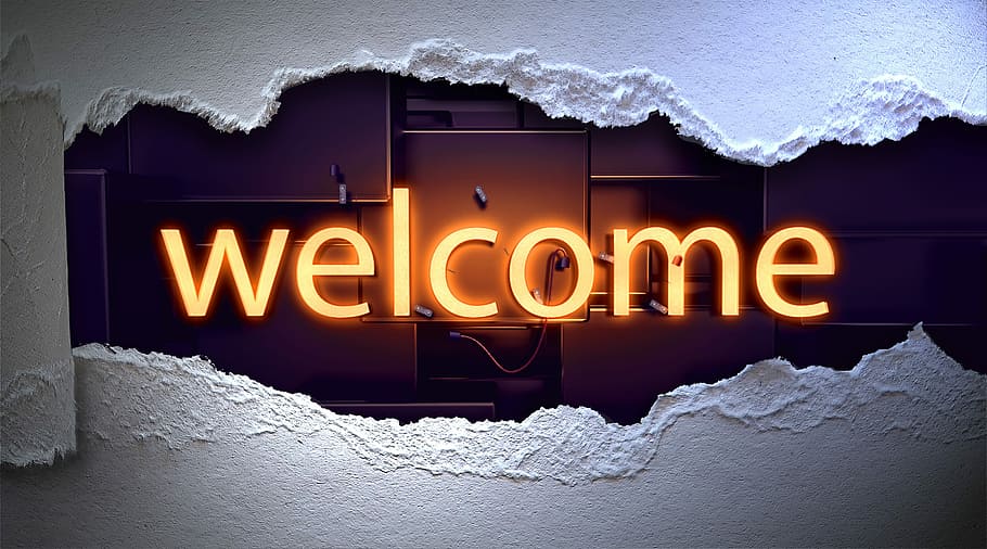 Welcome LED signage, lettering, typography, neon font, paper, HD wallpaper