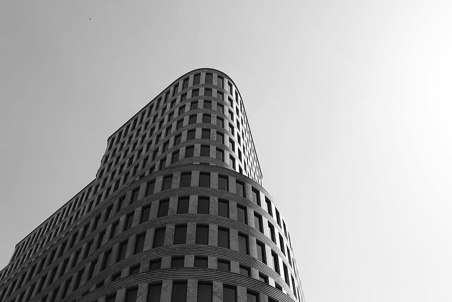 low angle grayscale photography of high raise building, skyscraper HD wallpaper