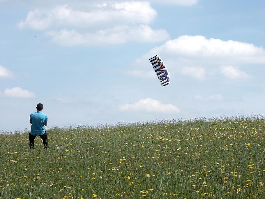 kite, fly, dragon, sky, blue, clouds, meadow, green, idyll HD wallpaper