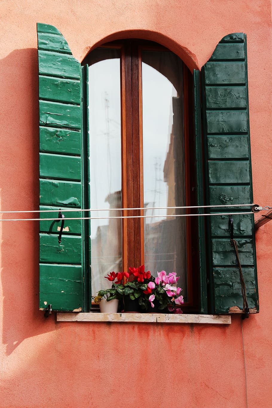 window, shutters, open, wood, flower, flowering plant, architecture HD wallpaper