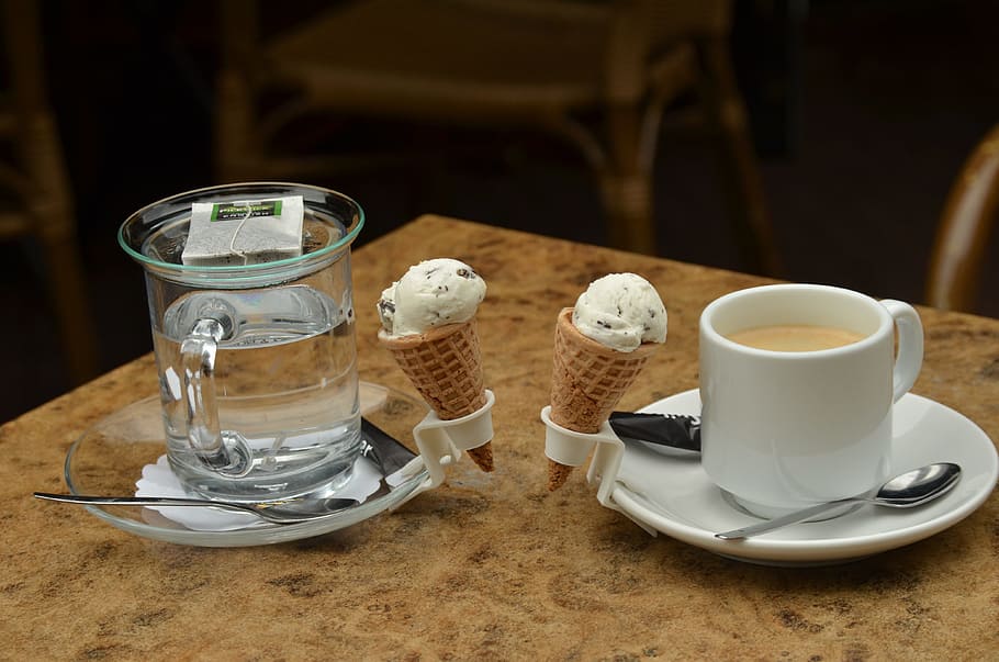 white ceramic mug on tabnle, drink, drinking, coffee, tea, ice HD wallpaper