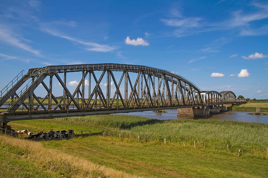 railway bridge, river, eider, st annen, steel structure, landscape HD wallpaper