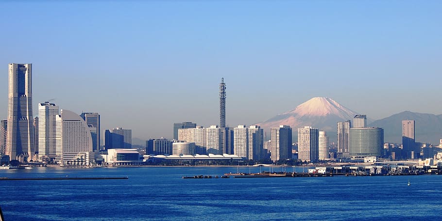Skyline of Yokohama with Mount Fuji, bay, buildings, city, cityscape, HD wallpaper