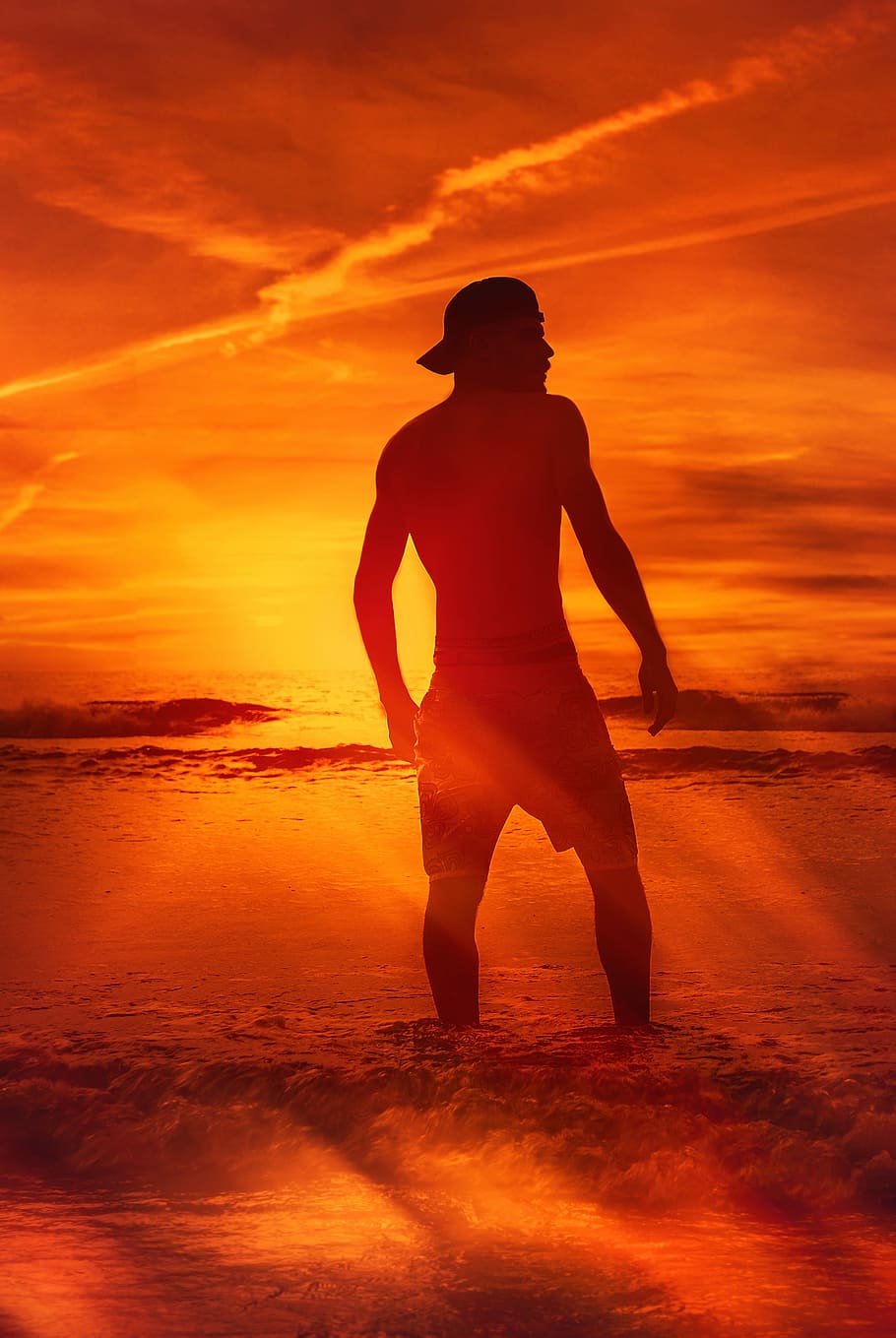 man standing in beach shore, untitled, sunset, sundown, silhouette HD wallpaper