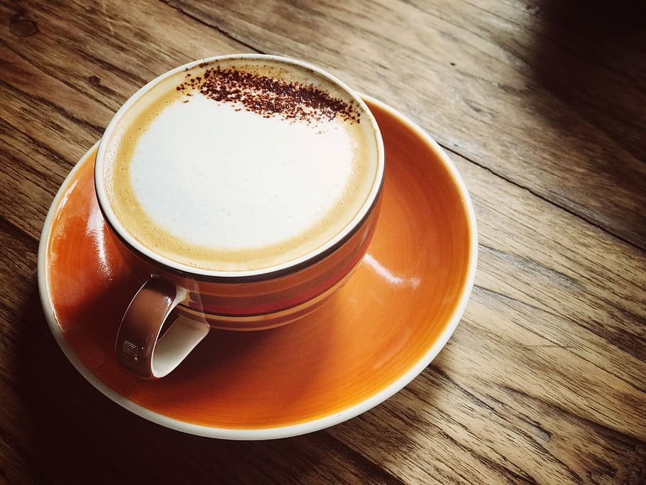 filled orange ceramic coffee, cappuccino, froth, espresso, drink, HD wallpaper