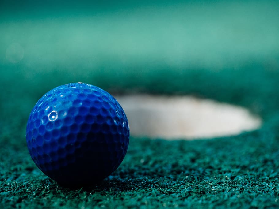 blue golf ball, green, sports, fun, hole, grass, recreational Pursuit, HD wallpaper