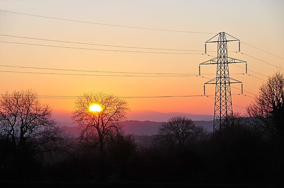 electricity transformer tower during golden hour, Spring, Sunset