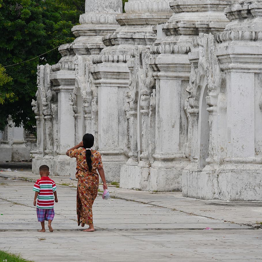 monastery, myanmar, temple, buddhism, burma, woman, child, mother HD wallpaper
