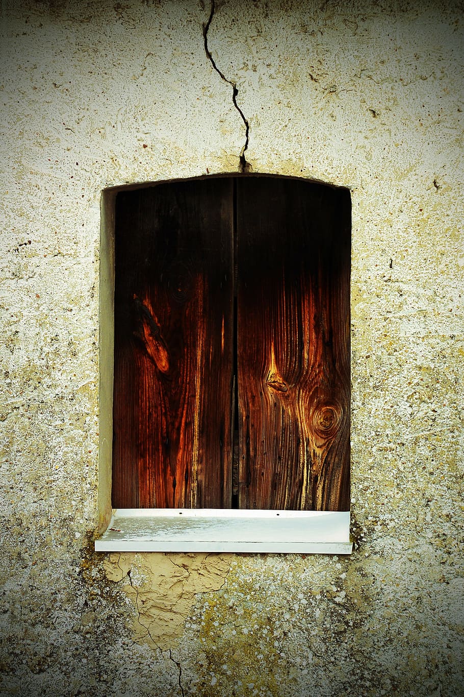 window, leave, closed, board, wall, crack in wall, ruin, old HD wallpaper