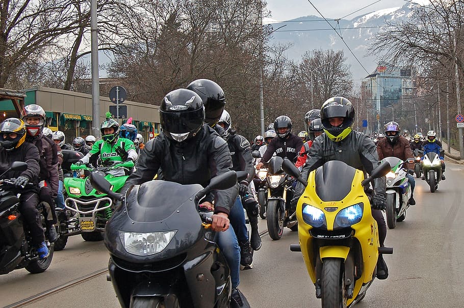 motorcycle, rally, spring, sofia, street, helmets, transportation HD wallpaper