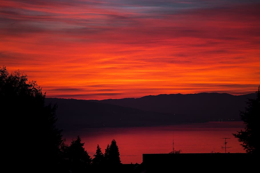 Sunset, Mountains, Dusk, Sky, twilight, trees, reflection, clouds HD wallpaper