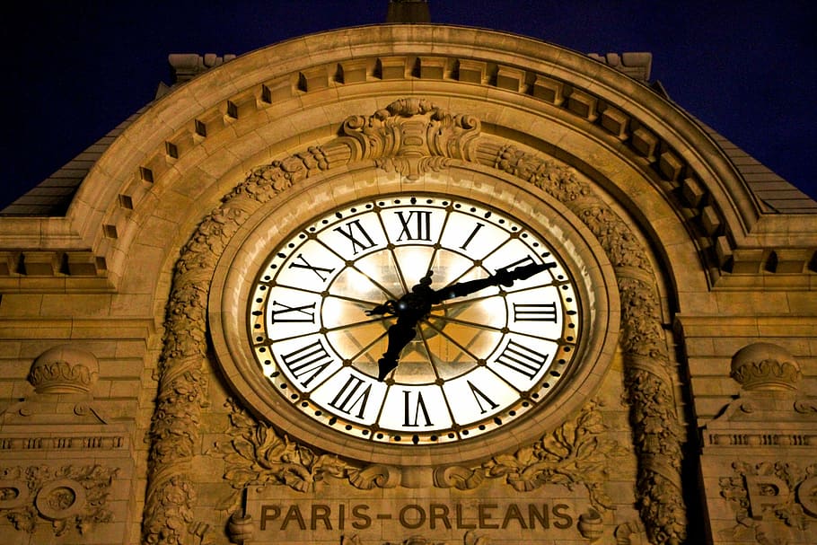 paris, d'orsay, time, night, city, orange, clock, architecture HD wallpaper