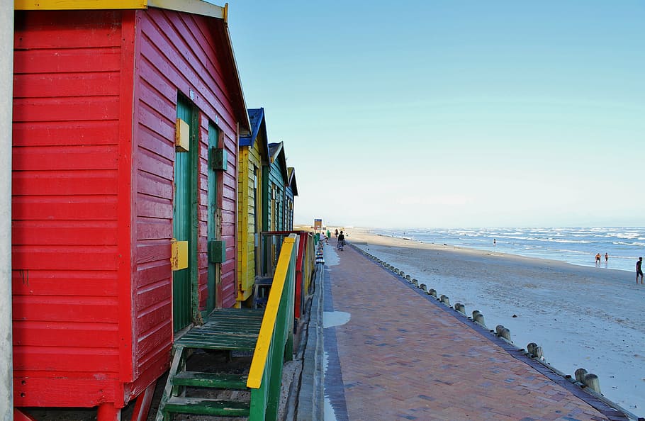 cape town, muizenberg beach, locker, colorful, sea, beach cabins HD wallpaper