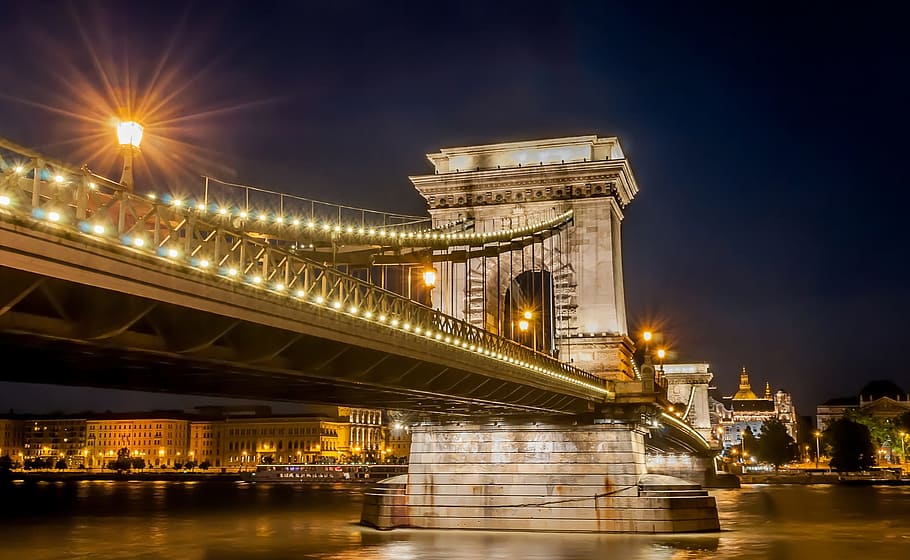 brown suspension bridge, budapest, water, architecture, chain bridge HD wallpaper