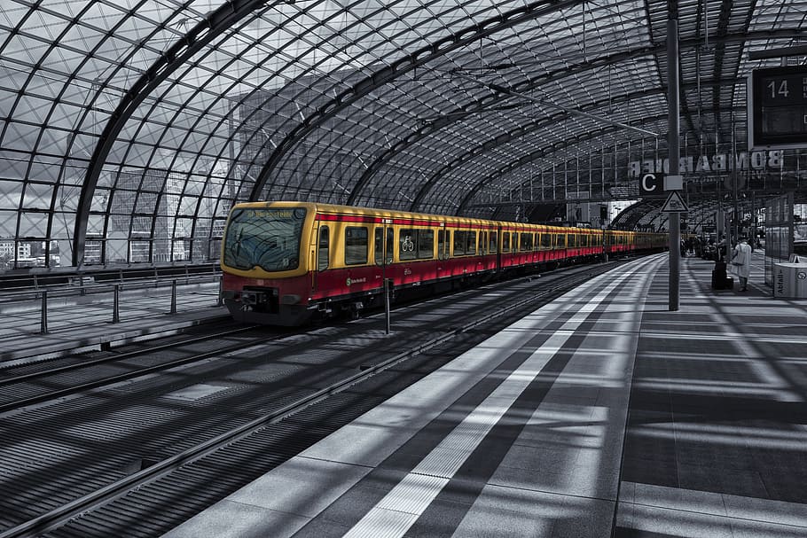 selective color photography of yellow train inside train station, HD wallpaper