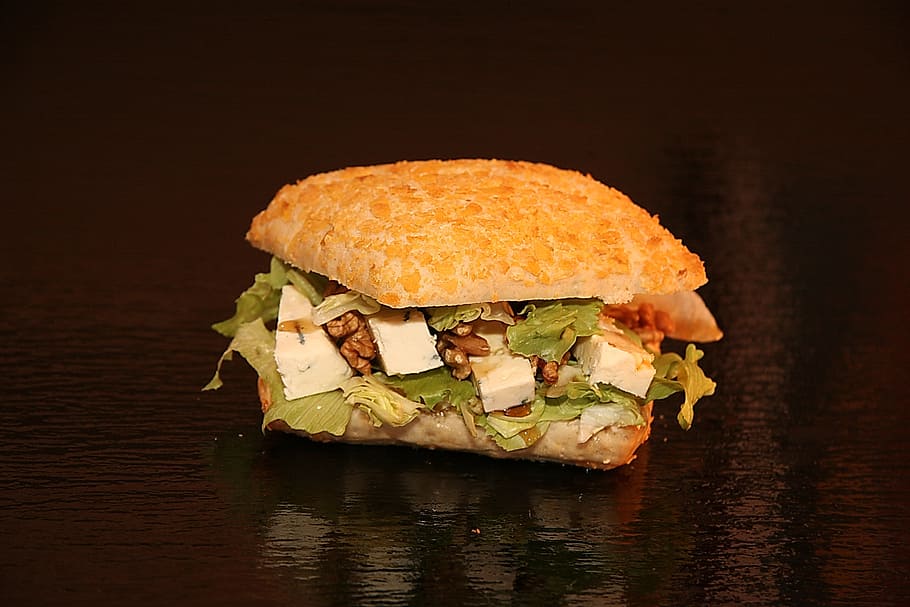 sandwich, cheese, walnuts, salad, dining, food, taste, rukola HD wallpaper