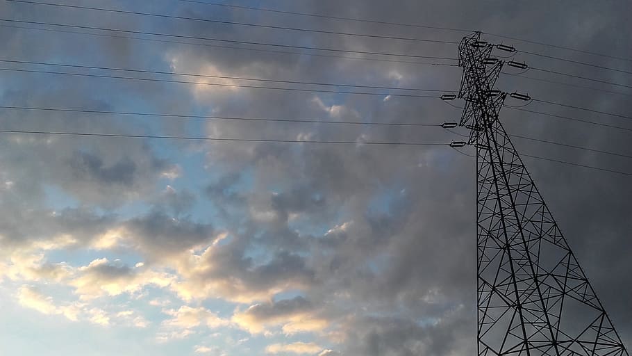 clouds, sky, tower, current, high voltage, electricity, cloud cover HD wallpaper