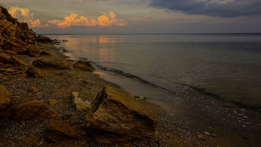 Stones, Sea, Clouds, Sunset, Horizon, water, sky, nature, scenics HD wallpaper