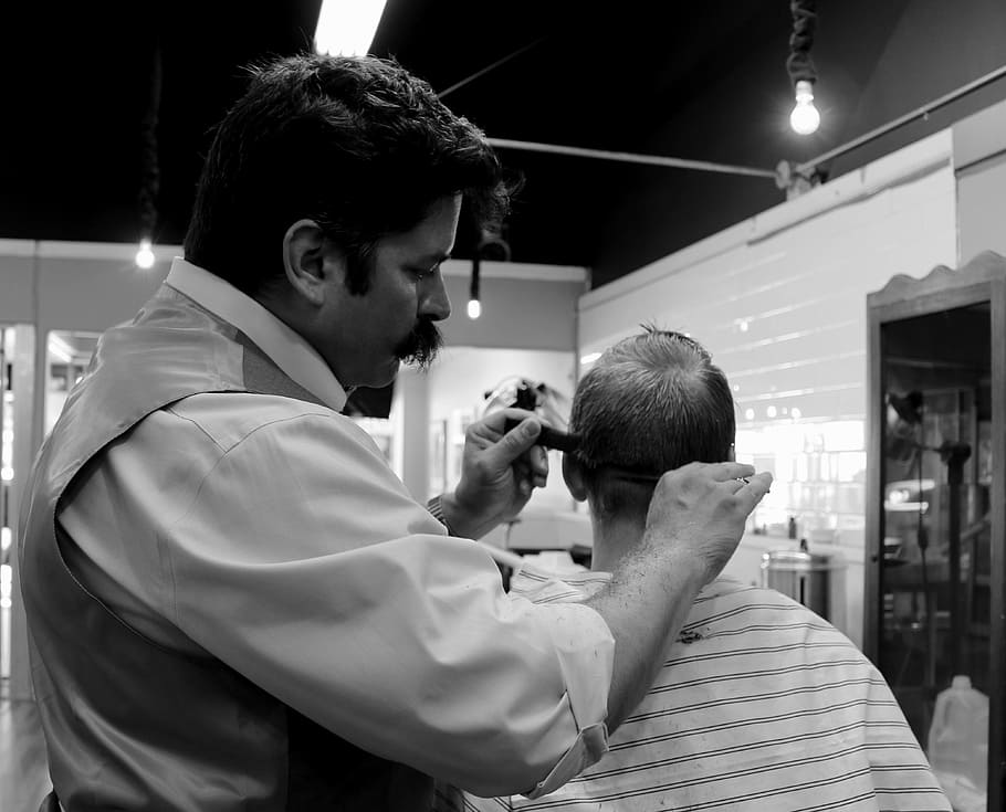 grayscale photography of man doing haircut on boy, barber, salon, HD wallpaper
