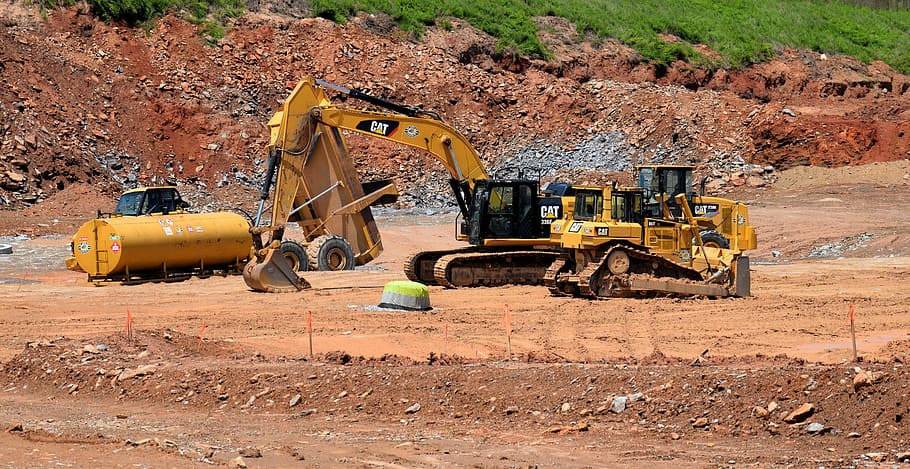 yellow excavator during daytime, Construction Site, Georgia, Usa, HD wallpaper