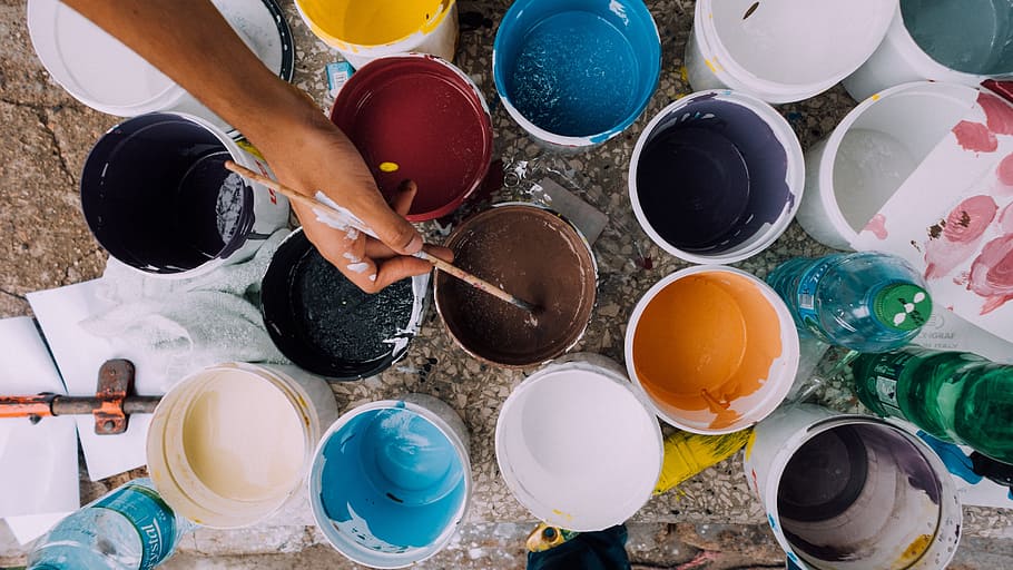 assorted-color paintings, painter, paint cans, brush, paintbrush HD wallpaper