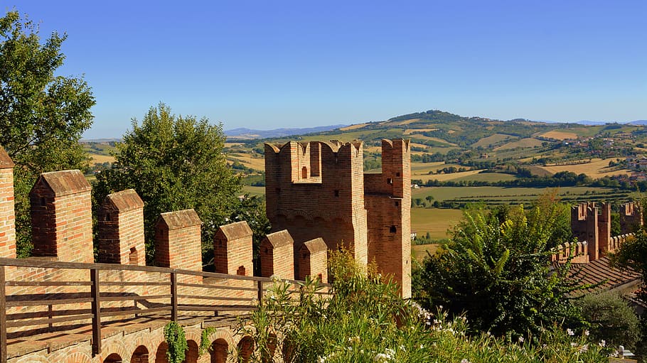 torre, castle, gradara, italy, fortress, landscape, hills, architecture, HD wallpaper
