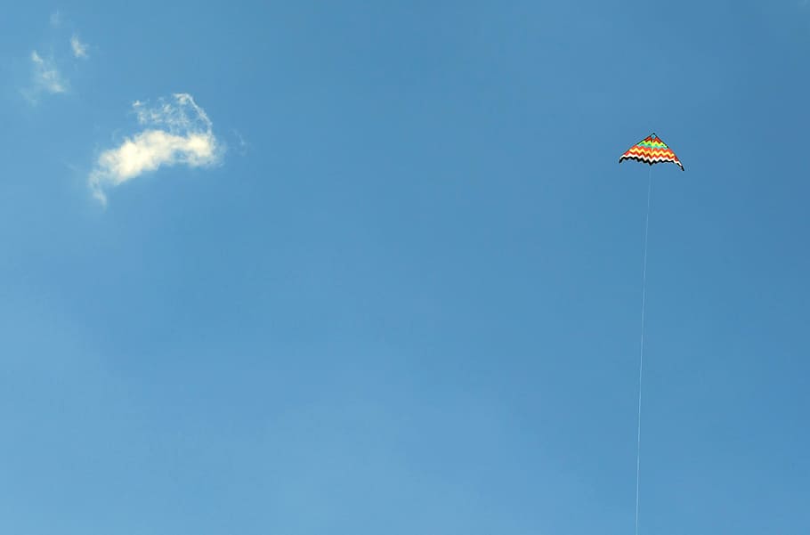 Up, multicolored kite hoovering on clear sky, blue, cloud, flying HD wallpaper