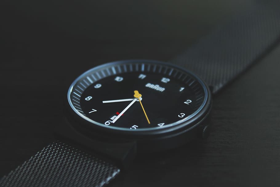 round black Braun analog watch with black band at 7:30, round black analog watch reading at 7:30 in tilt shift photography HD wallpaper