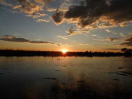sunset, clouds, sky, lake, water, reflection, okavango delta HD wallpaper