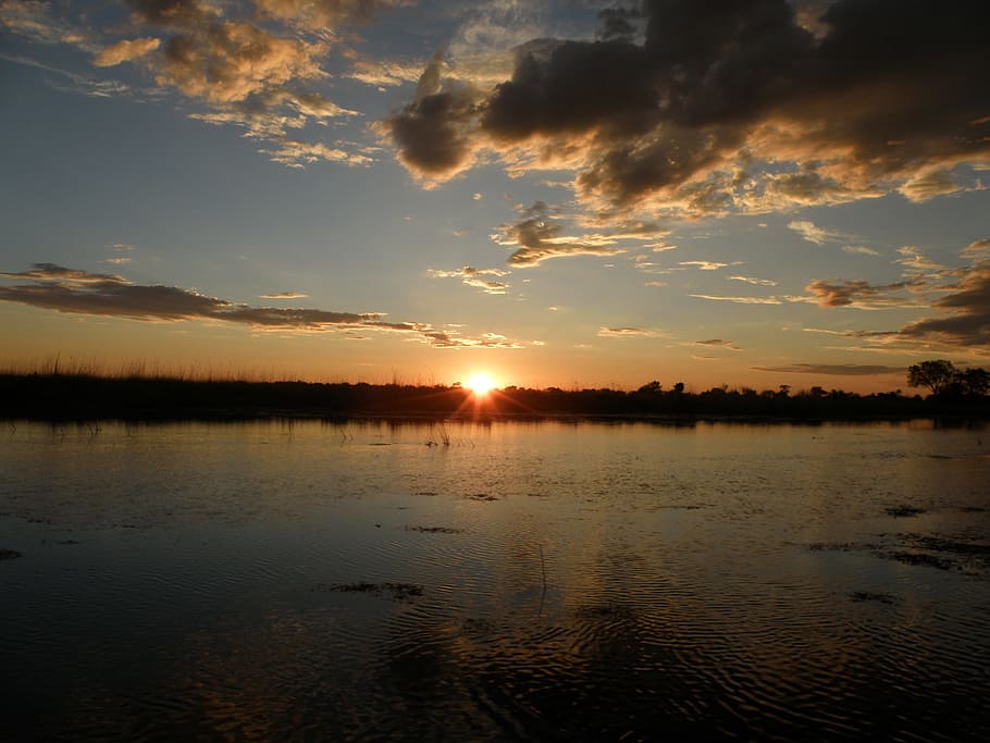 sunset, clouds, sky, lake, water, reflection, okavango delta HD wallpaper