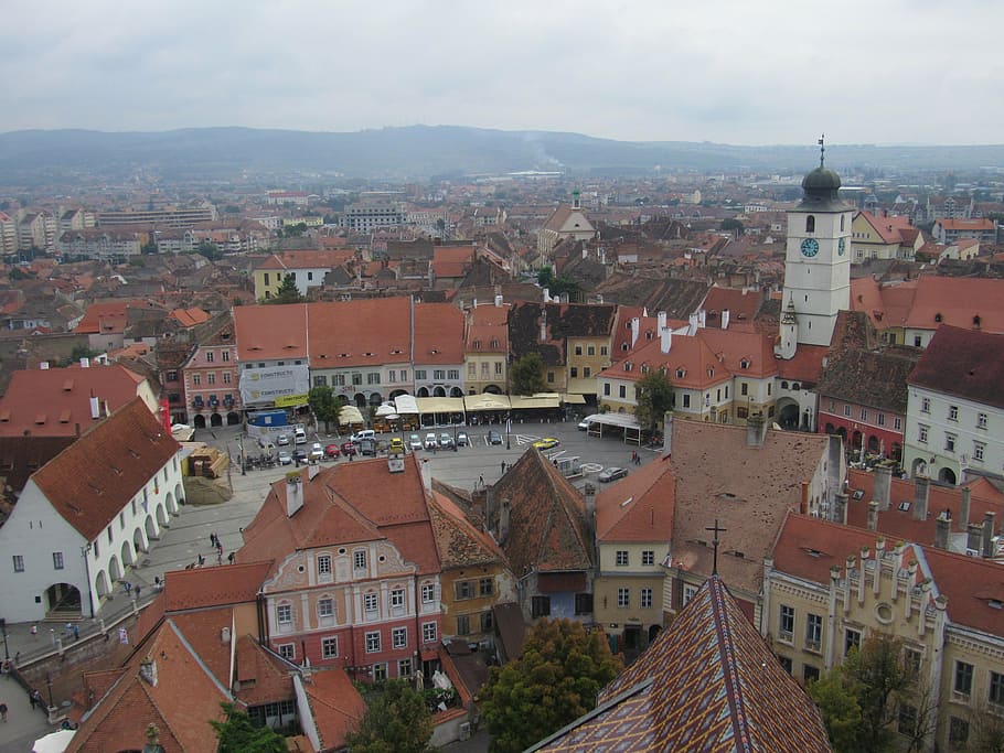 sibiu, transylvania, small market, buildings, old town, romania, HD wallpaper