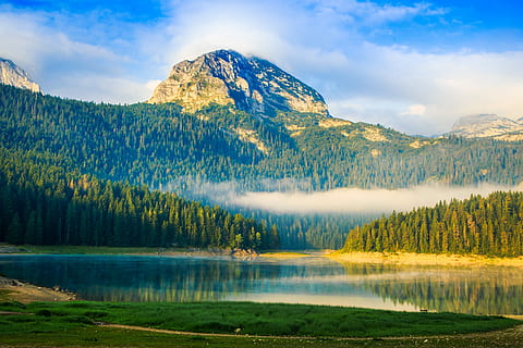 lake near mountain, lake near pine trees under blue and white sky HD wallpaper