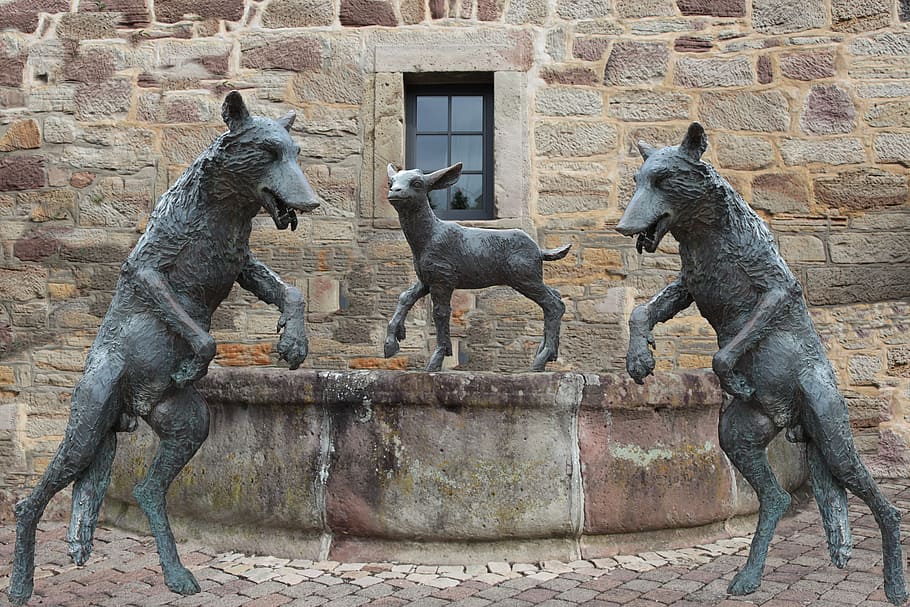 fountain, wolf, lamb, sheep, wolf hagen, atmosphere, fairy tales HD wallpaper